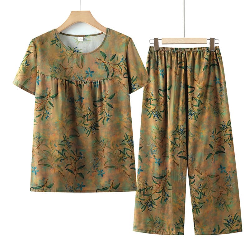 Middle-aged and elderly summer casual suits, mother's short-sleeved women's 60-year-old grandmother's cotton and silk clothes, two-piece set for old ladies