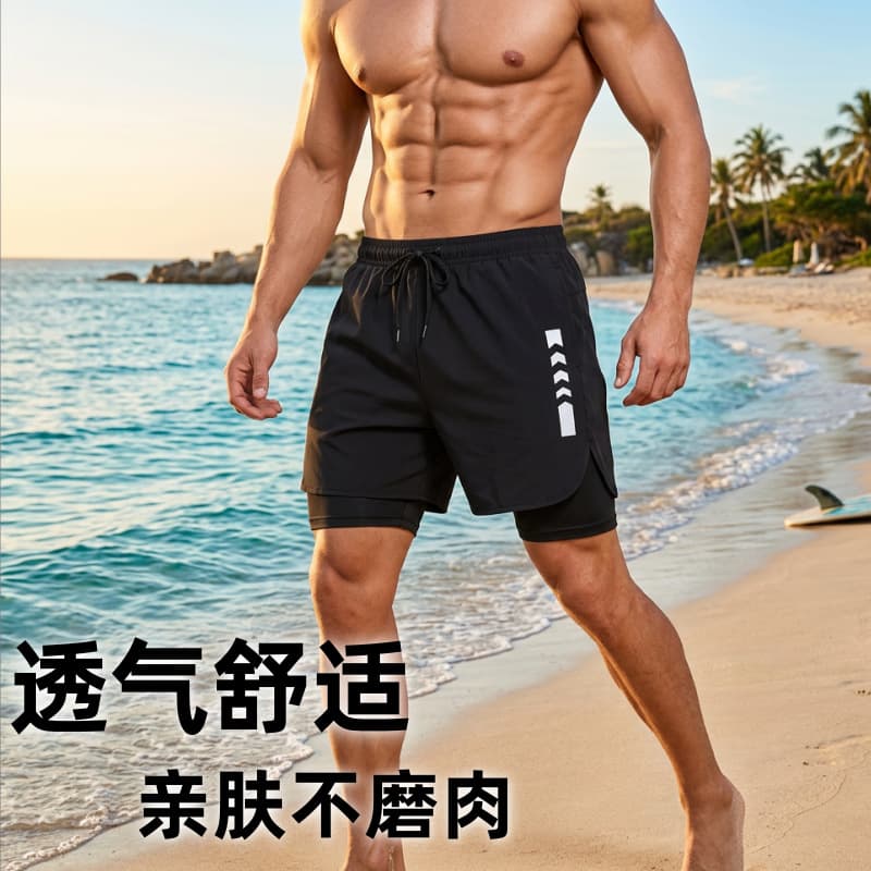 Men's Double-Layer Sports Shorts, Summer Reflective Printed Shorts, Plus Size, Quick-Dry Stretch Fabric for Running and Training