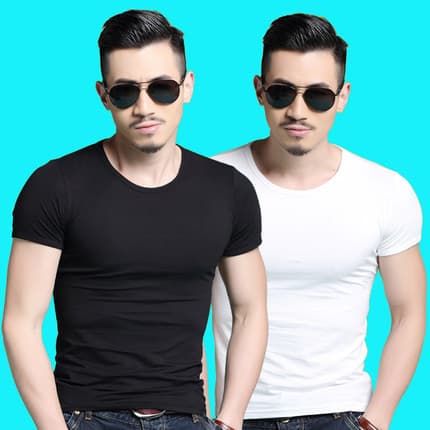 Pure White Short Sleeve T-Shirt for Men, Casual Solid Color Undershirt, Fitted Workout Slim Fit Top, Black T-Shirt