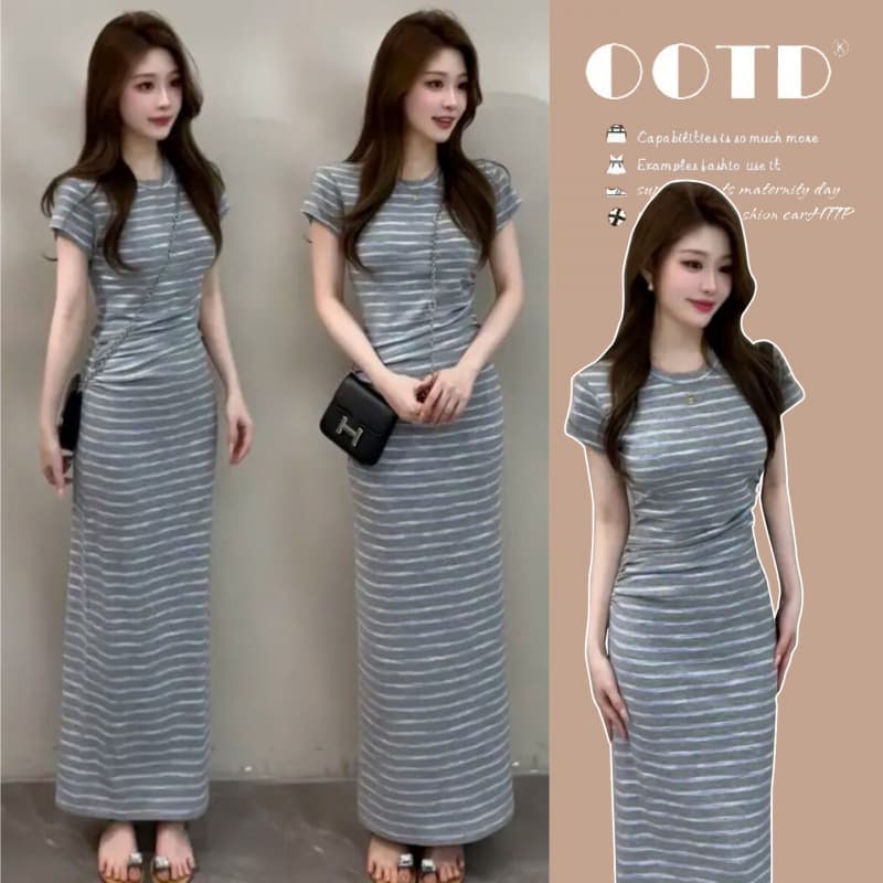 Maternity Wear 2026 Summer New Style Pleated Waist-Cinching Striped Long Dress Round Neck Short-Sleeved Casual Fashion Maternity Dress