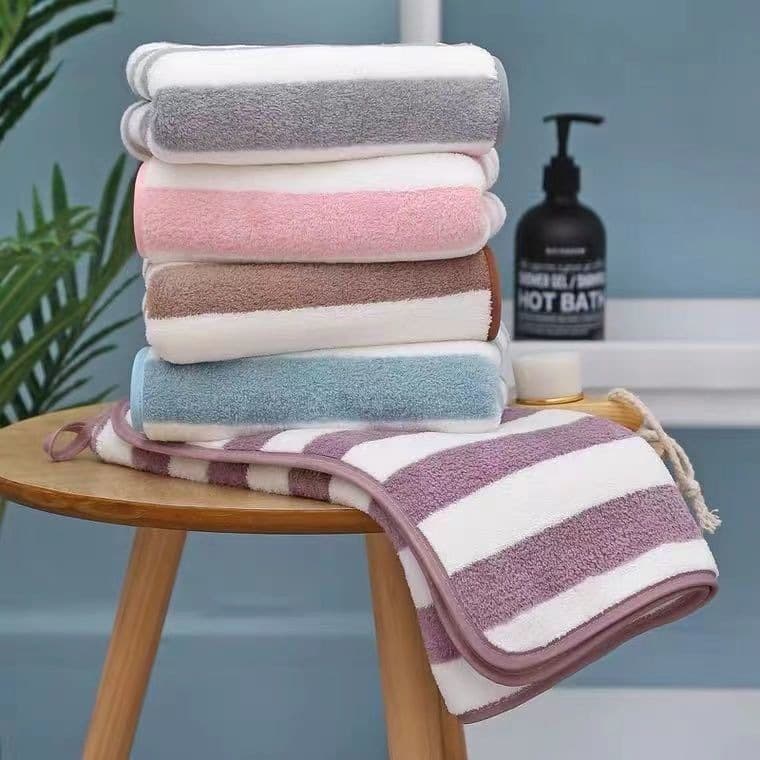 Warp-knitted cationic coral fleece wide-stripe towel 35*75, home face towel, gift towel, available for supply