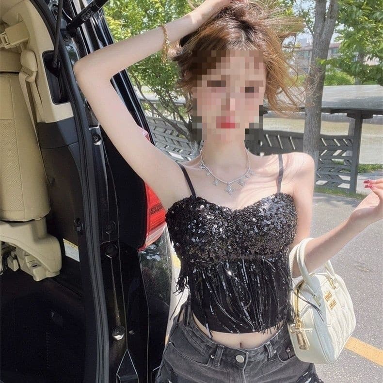 Sequin Fringe Camisole Top for Women Summer, Slim Fit Short Style, Unique Design Backless Top for Going Out