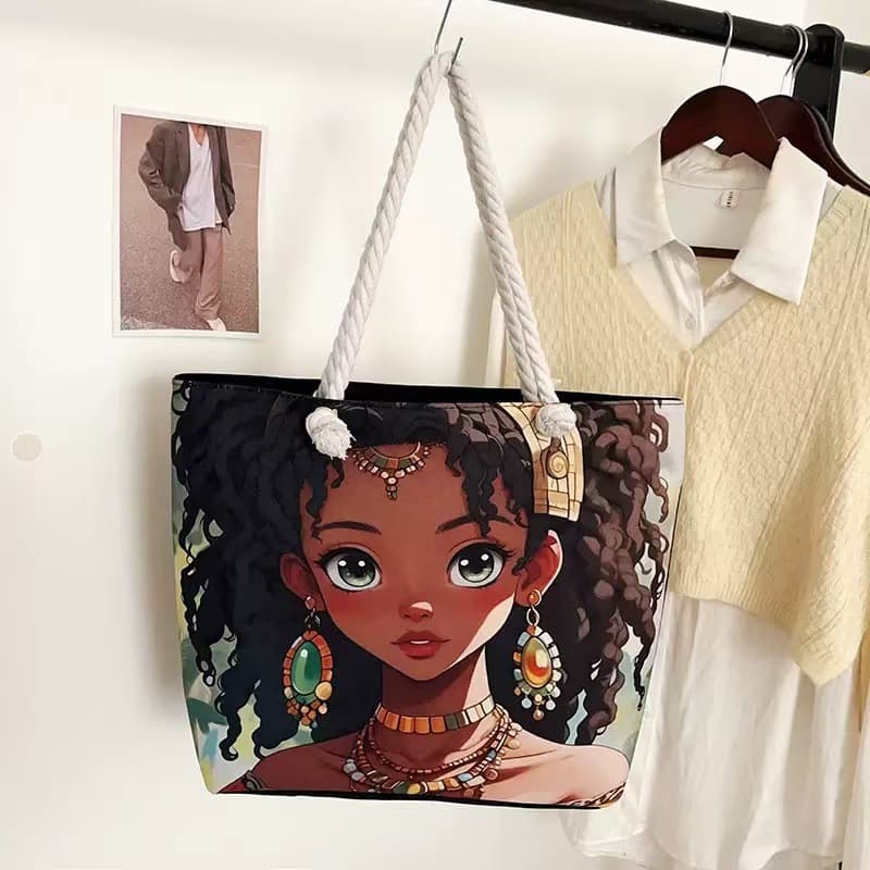 European and American Cartoon Girl Casual Canvas Bag, Commuter Thick Rope Tote Bag, Fashionable Versatile Printed Women's Shoulder Bag