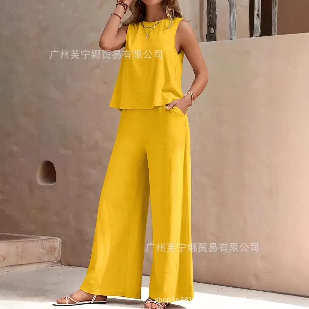2025 Spring/Summer European and American Cross-Border Amazon New Loose Fashion Solid Color Casual Short Sleeve and Long Pants Two-Piece Set