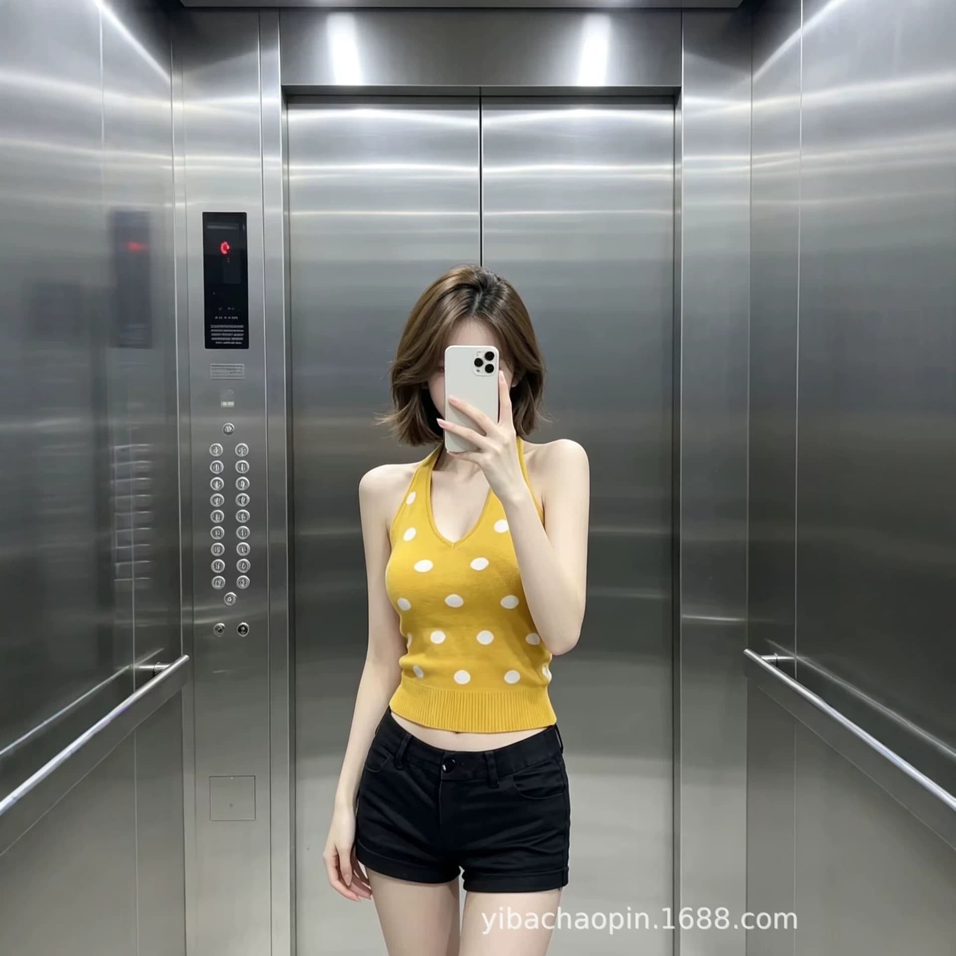 Yellow Polka Dot Knit Halter Neck Camisole Top for Women Summer Thailand Stunning V-Neck Sleeveless Tube Top