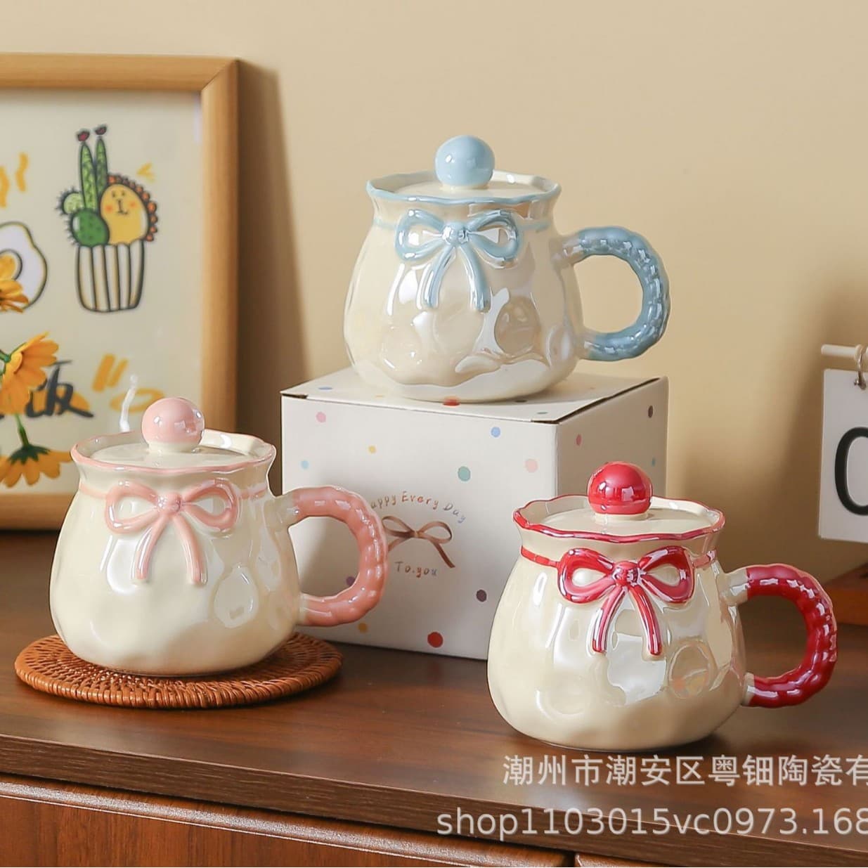 Ins-style gift cup, fresh and cute bow ceramic mug, niche electroplated mug, hand-painted gift for women's birthday