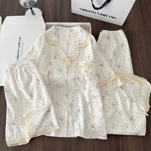 Cloud Cotton Sweet Cartoon Three-piece Pajama Set for Women Autumn Summer Short Sleeve Cardigan Lace Loungewear New Set