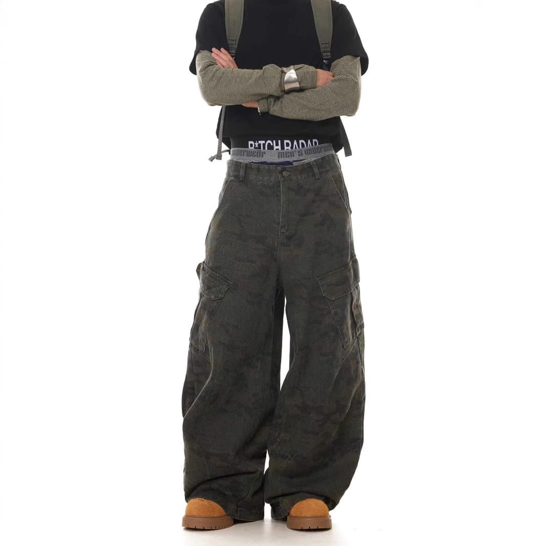 American Retro Multi-Pocket Camo Curved Blade Jeans, Niche Baggy Wide-Leg Sickle Casual Pants for Men