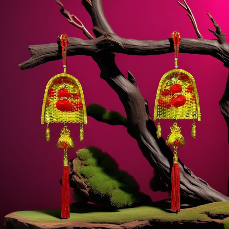Golden Dustpan & Bucket Auspicious Ornaments, Home Decor with Abacus and Money Bag Chinese Knot Festival Supplies