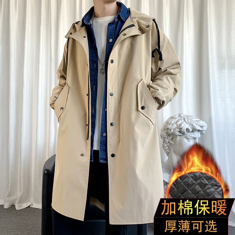 2026 Winter New Men's Solid Color Loose Fit Mid-Length Thick Hooded Overcoat for Youth Casual Men