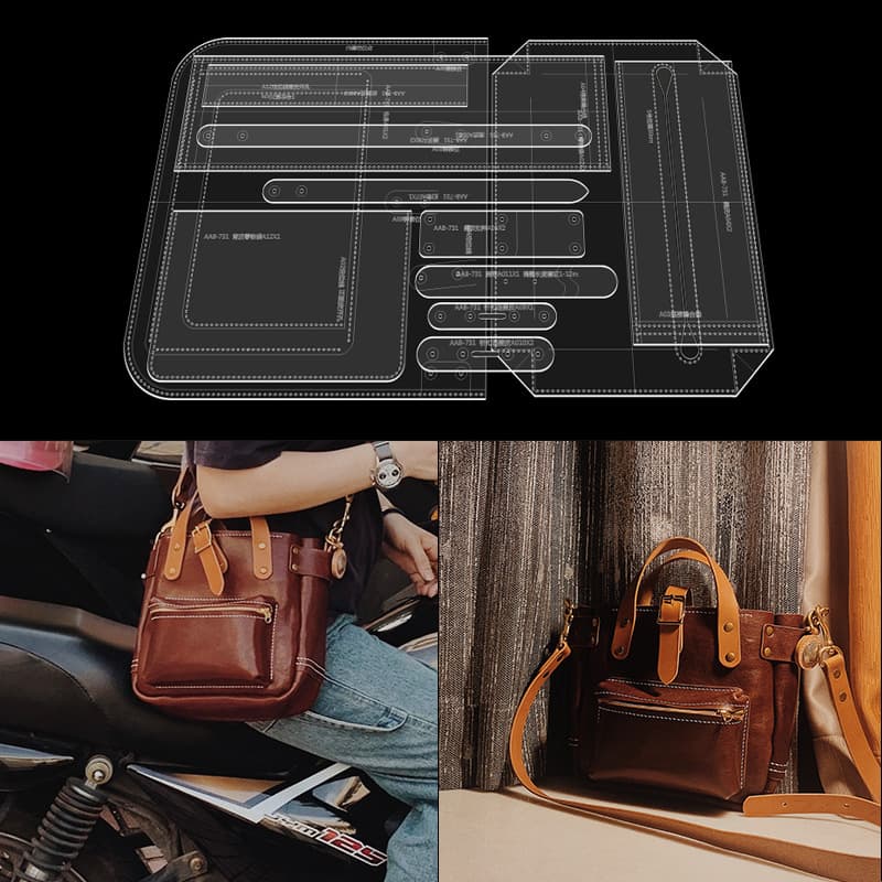 Handmade Leather Tool Bag Pattern, Unisex American Retro Motorcycle Crossbody Tote Bag Template Mold