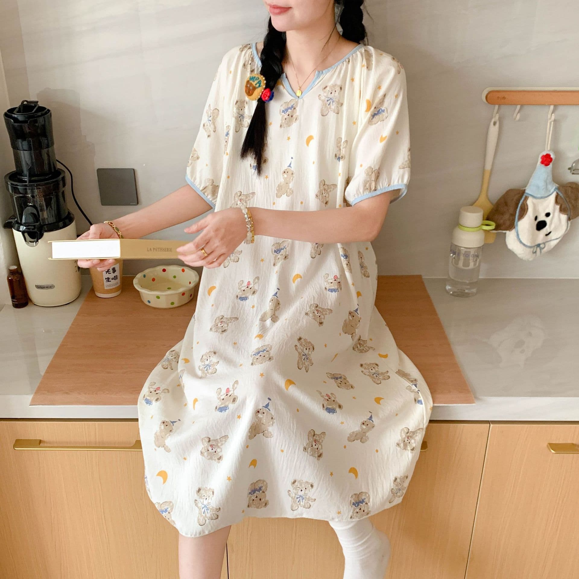 Nightgown Summer 2025 New Korean Style Plus Size Pajamas Loose Sweet Small V-Neck Cloud Cotton Thin Home Clothes