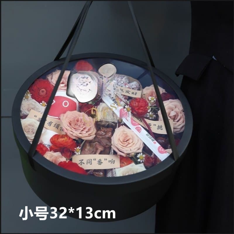 Portable Round Clear Gift Box with Rope Handle for Flowers and Fruit, Empty Packaging Box