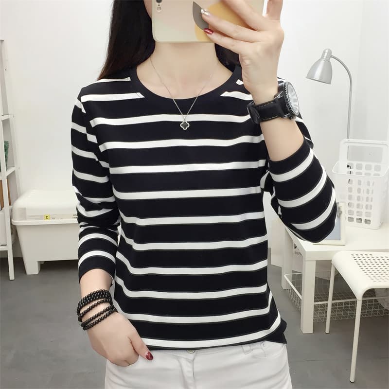Loose Long Sleeve Pure Cotton T-Shirt Women's plus Size Spring Maternity Top Black White Stripes Base Shirt Belly Cover up