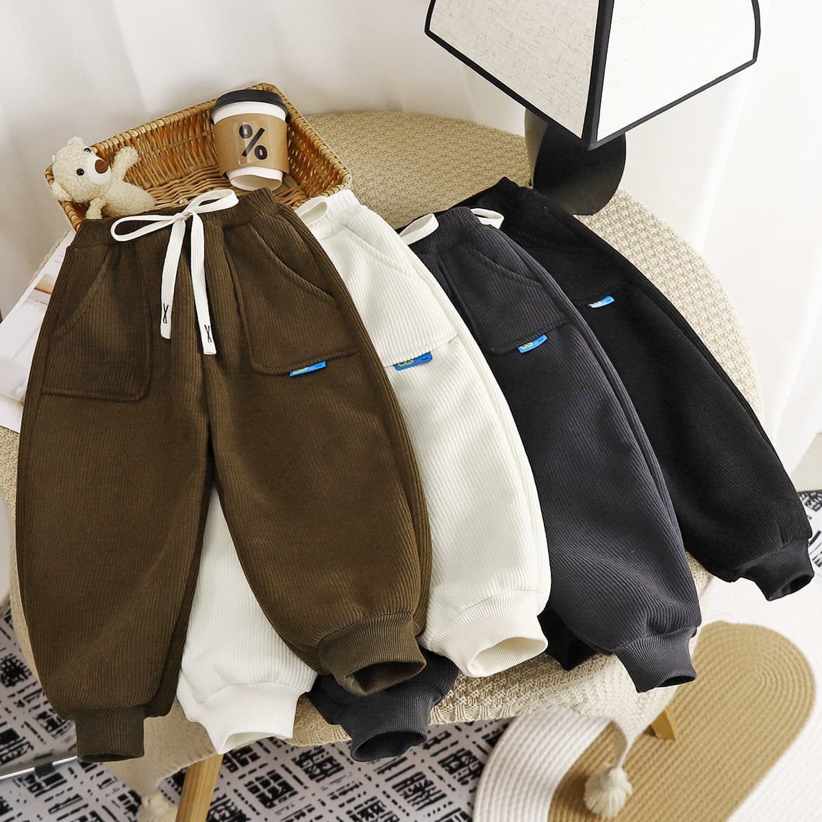 Kids Fleece Lined Casual Pants Autumn Winter New Korean Style Warm Thickened Children's Pants Boys Girls European Cotton Fleece Sweatpants