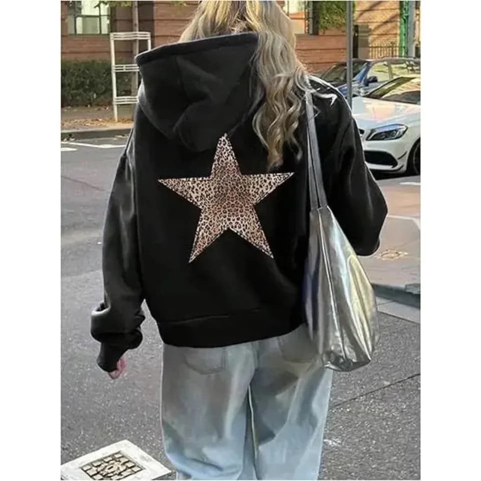 Star Graphic Hoodies Y2K Leopard Print Hooded Sweatshirt