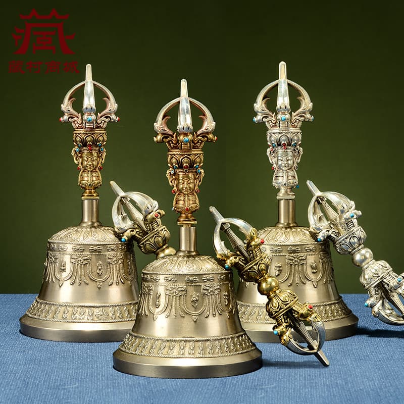 Five-Pronged Vajra Bell and Dorje, Nepal Hand-Forged, Exquisite Engraved Vajra Pestle, Desktop Craft Ornament