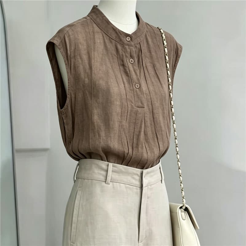 Shenzhen Nanyou Retro Style Light Coffee Color Pleated Half-Button Stand Collar Sleeveless Blouse for Women Summer Loose Vest Top