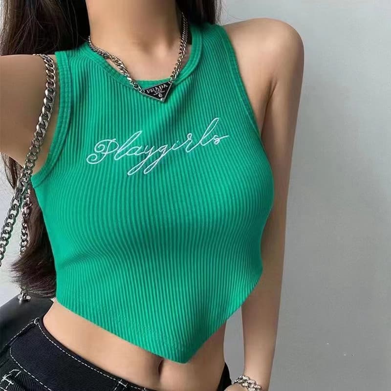 2026 Spring Summer New Korean Style Gentle Round Neck Letter Embroidered Asymmetrical Camisole Top for Women
