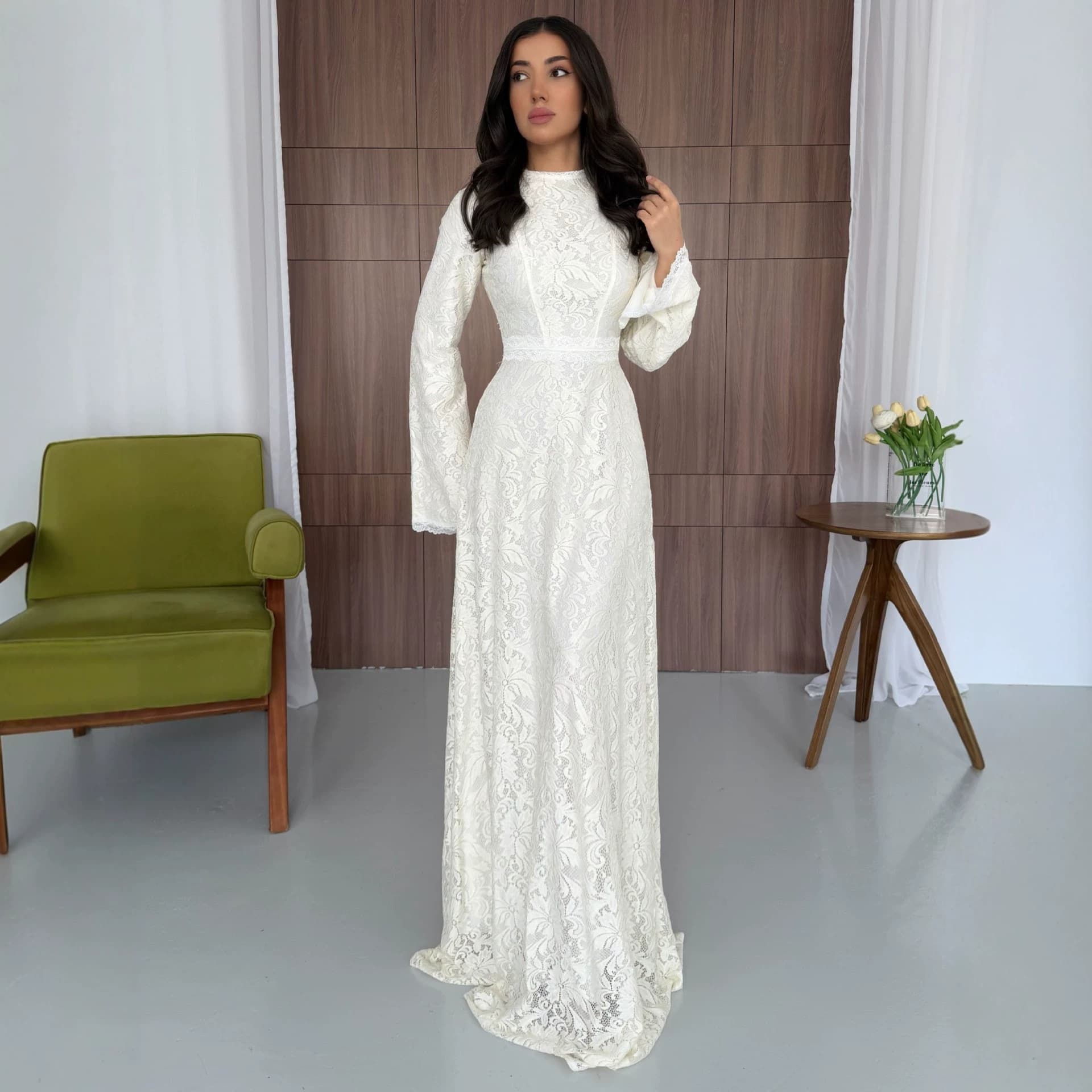 Women's Fashion Spring and Autumn Dress with Lace Collar, Waist-Tightening, Slimming, Elegant Long Dress for Amazon