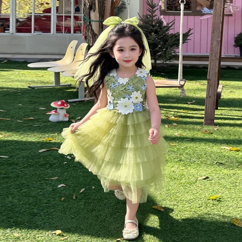 Girls summer green dress 2026 new style sweet lady little girl huge beautiful princess dress