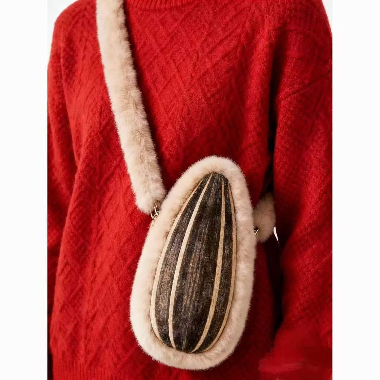 Fall/Winter Cute Craze! "Sunflower Seed" Plush Crossbody Bag - Soft Sunflower Seed Shaped Bag