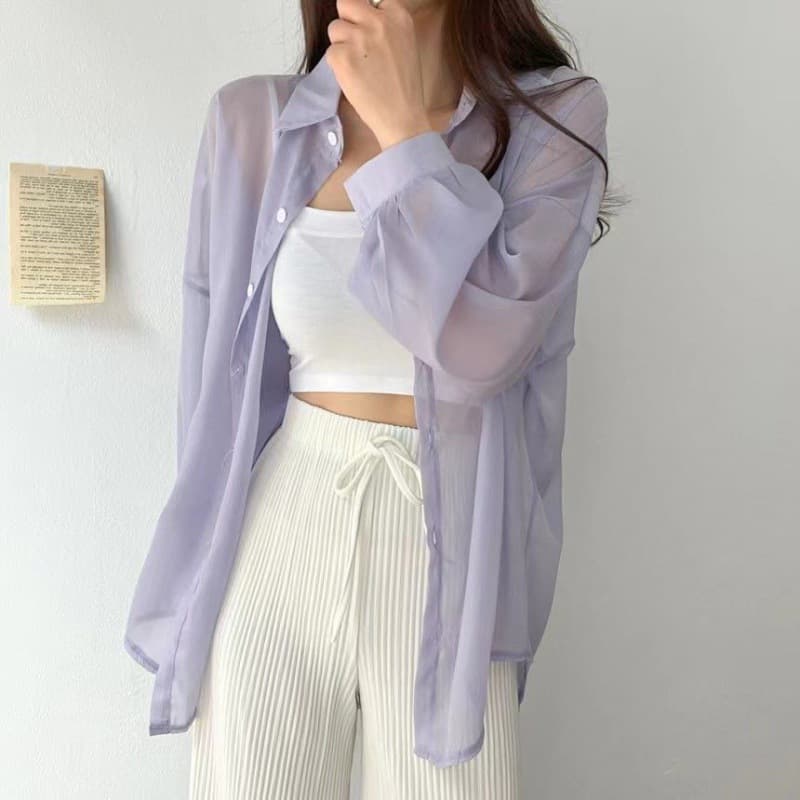 Korean Style Long-Sleeve Thin Sun Protection Shirt for Women 2023 Summer New Chiffon Blouse Jacket Air Conditioning Top White