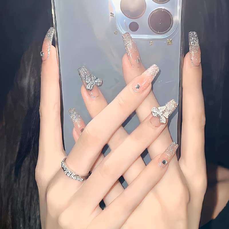 Luxury Wearable Nails Crystal Butterfly Crushed Diamond Pink Sparkle Gradient Bow Diamond Wearable Nails Bridal Nails