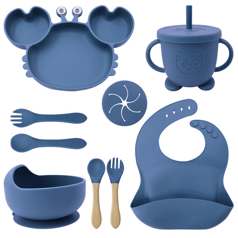 Kids Silicone Dinnerware 9-Piece Set Crab Plate Baby Feeding Bowl Silicone Spoon Fork Feeding Utensils Infant