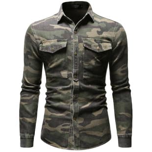 Export AliExpress Wish Men's Military Green Camo Denim Shirt Outdoor Hiking Denim Top 3311