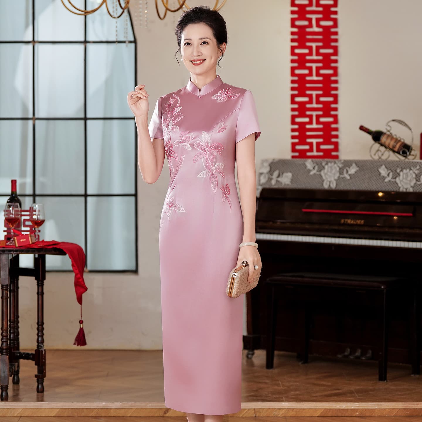 Japanese Triacetate Satin Fabric Pink Embroidered Mother of the Bride High-End Dress Luxurious Premium Feel 60730