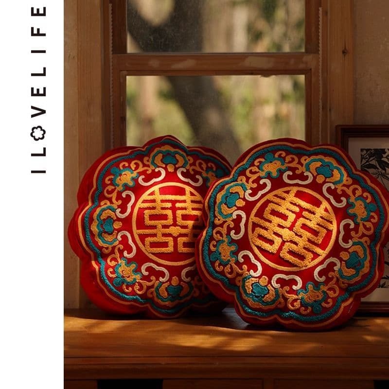 Red Double Happiness Wedding Pillow Pair for Cross-border E-commerce, Engagement/Newlywed Gift with Bed Use