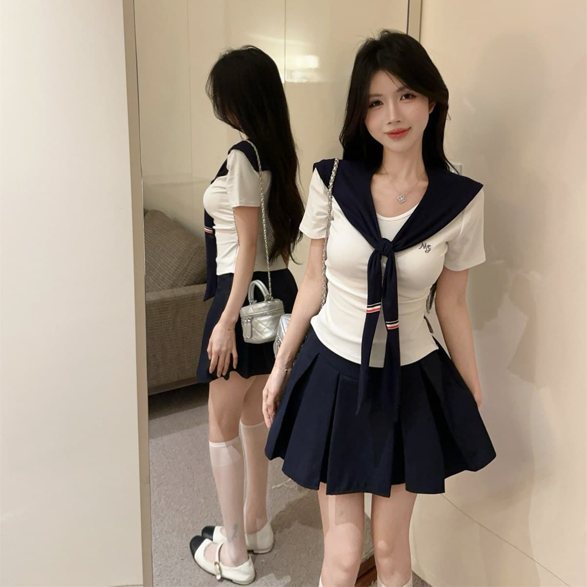 School Style Hot Girl Set Women Summer New T-Shirt Top Pleated Half Short Skirt Petite Outfit Two Piece Set