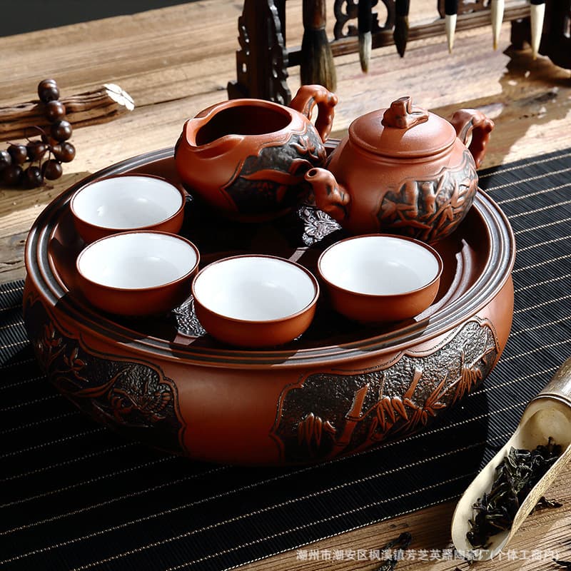 Kung Fu tea tray tea set tea boat water storage purple sand cinnabar mud tea tray tray set round large tea tray home optional