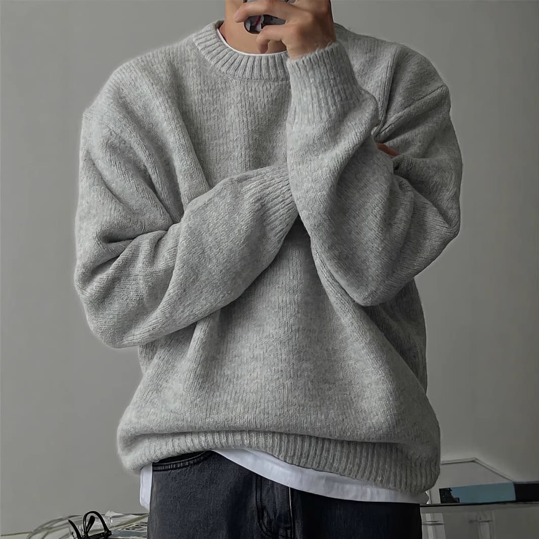 Thickened Round Neck Knitted Sweater Men's Basic Style Spring Autumn Lazy Fashion Warm Outerwear Pure Color Drop Shoulder