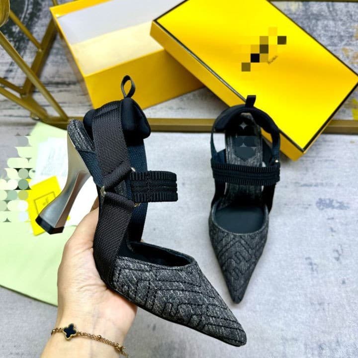 2026 Early Summer Fashion F Family Women's Denim Pointed Toe Shallow Mouth Mule Heels