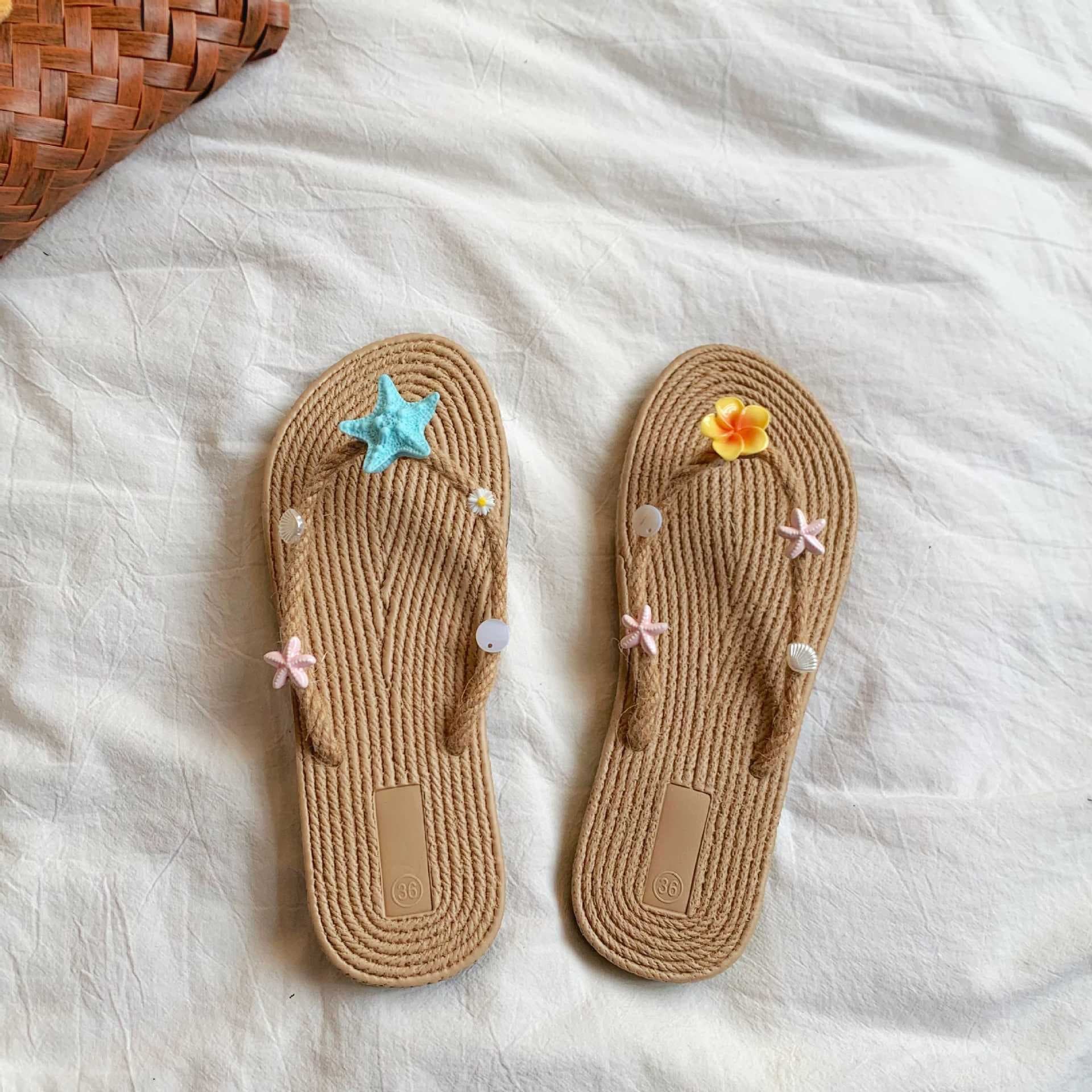 Xiaohongshu Same Style Flip-Flops Summer Beach Vacation Starfish Woven Straw Sandals Flat Non-Slip Slippers