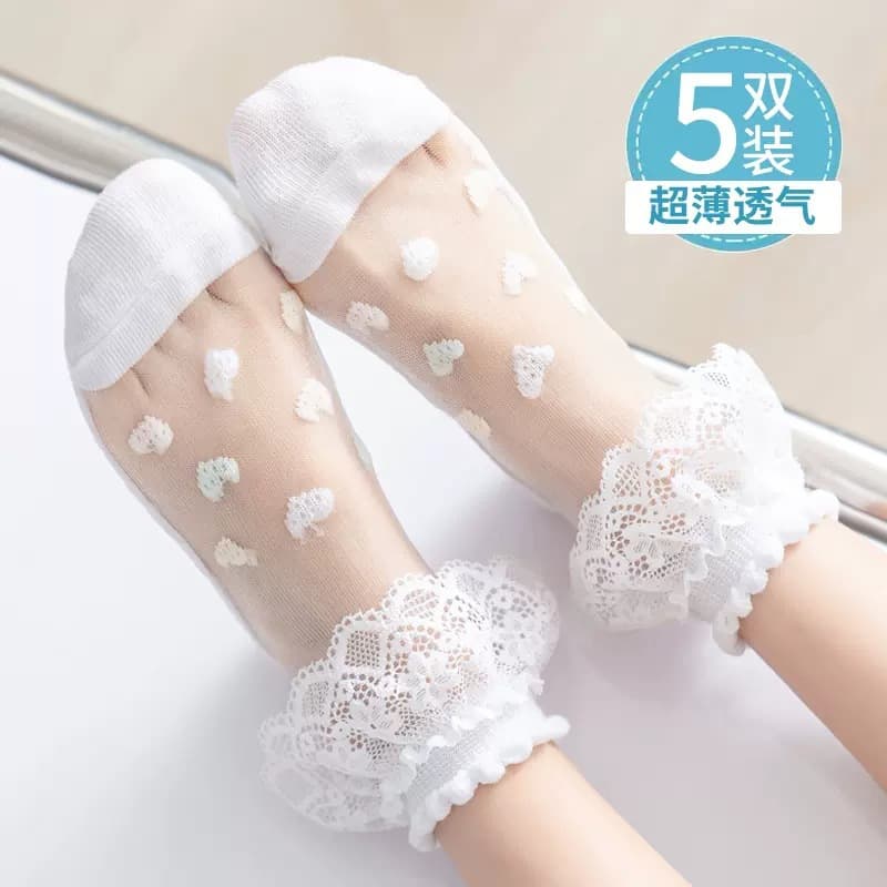 [New] Girls Socks Summer Thin Heart Lace Trim Mid-Calf Toddler Breathable Mesh Cross-Border