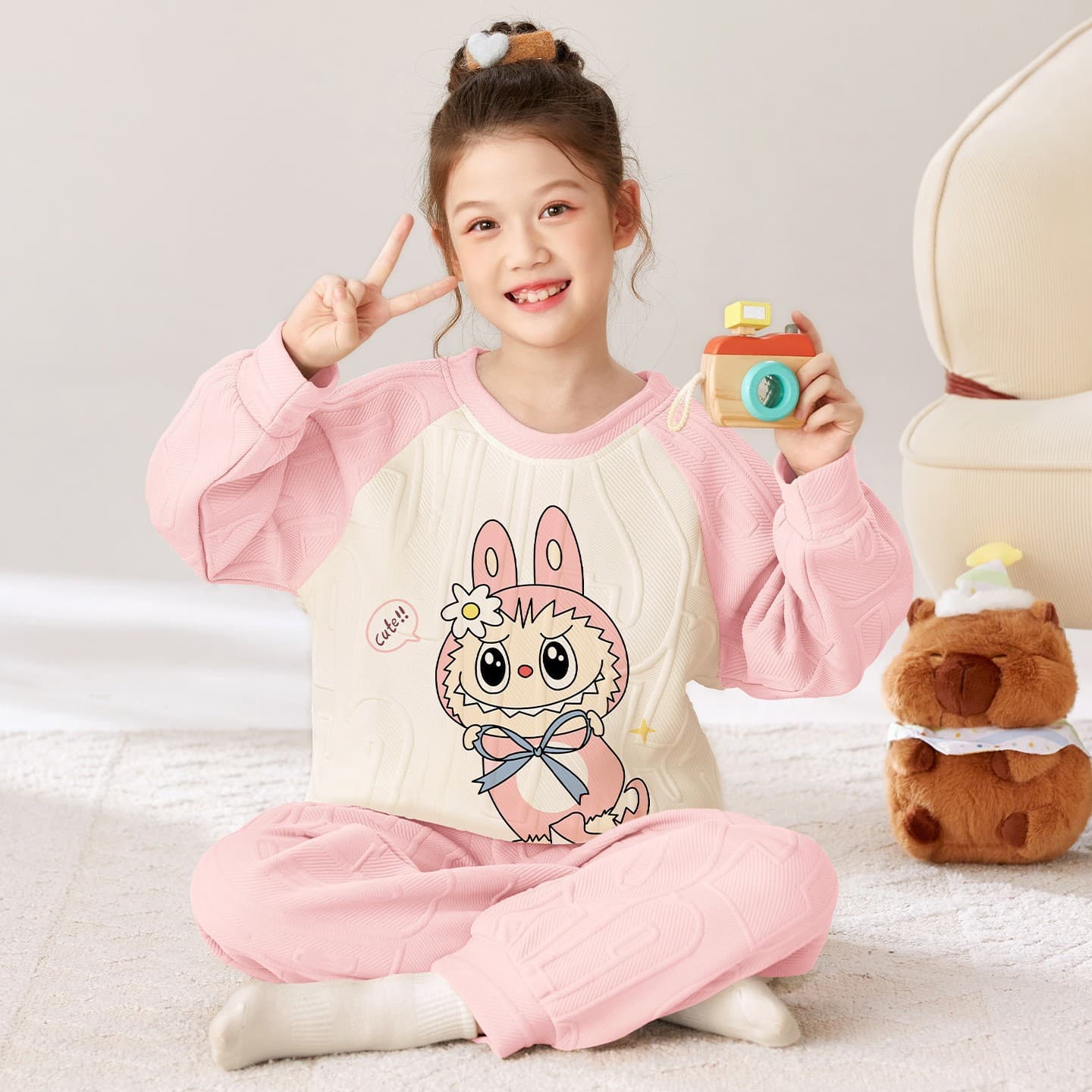 Girls' Long-Sleeve Pajamas, Thickened for Autumn and Winter, Warm, Wearable Outside, Air Cotton Interlayer, Parent-Child Pajamas for Mother and Daughter, Medium and Large Kids Set