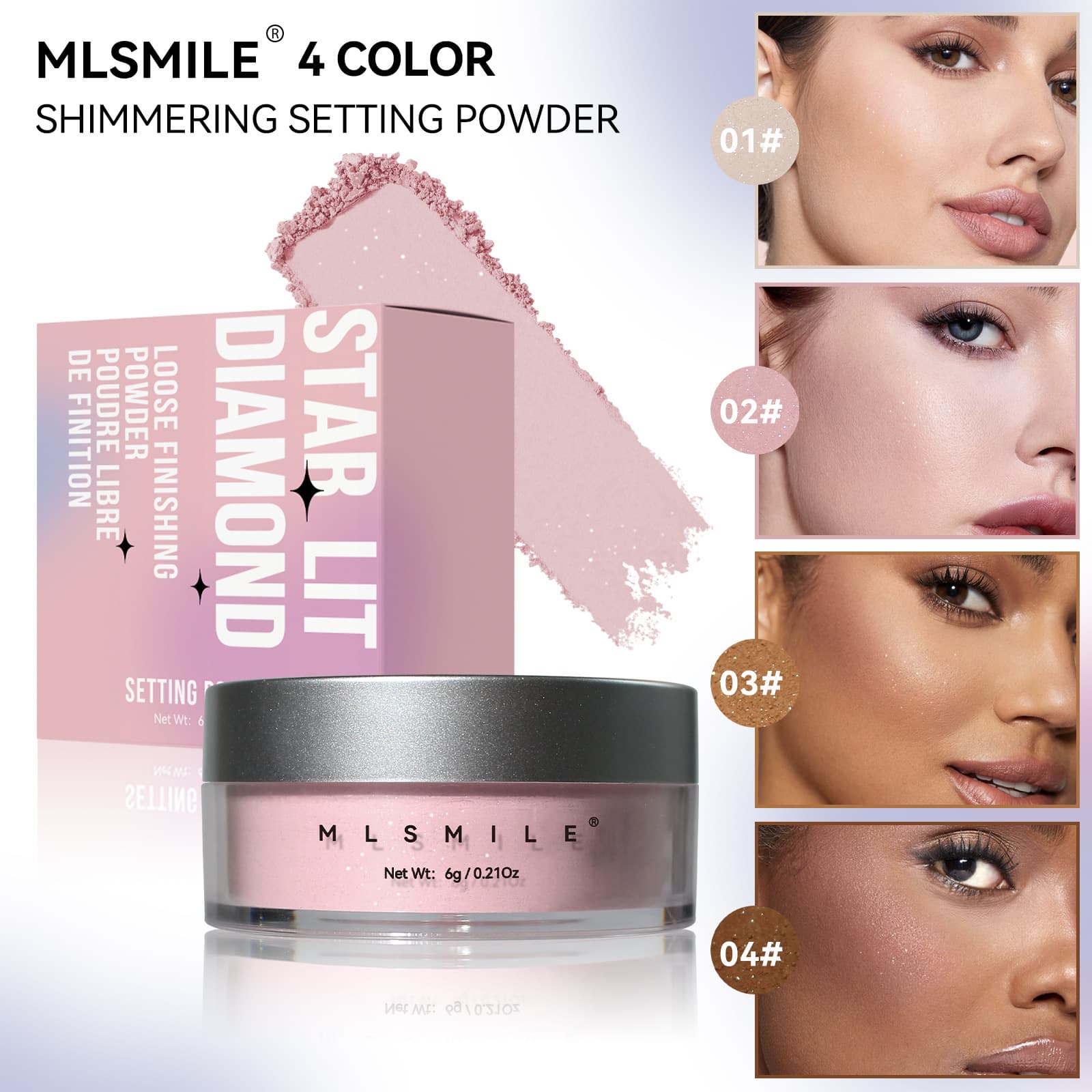 Cross-Border Makeup Diamond Pearlescent Loose Powder, Light Mist Concealer Powder, Fine Waterproof and Sweat-Proof, Long-Lasting Oil Control Setting Powder
