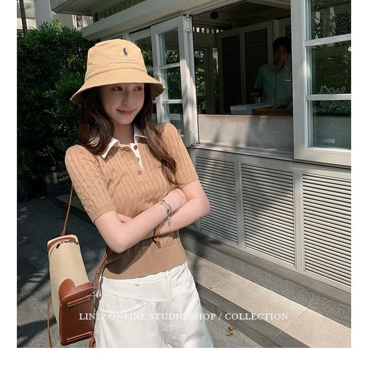 Lin12-Ivy Style Retro Polo Neck Cable Knit Short Sleeve Wool Sweater Old Money Fitted Shoulder Top