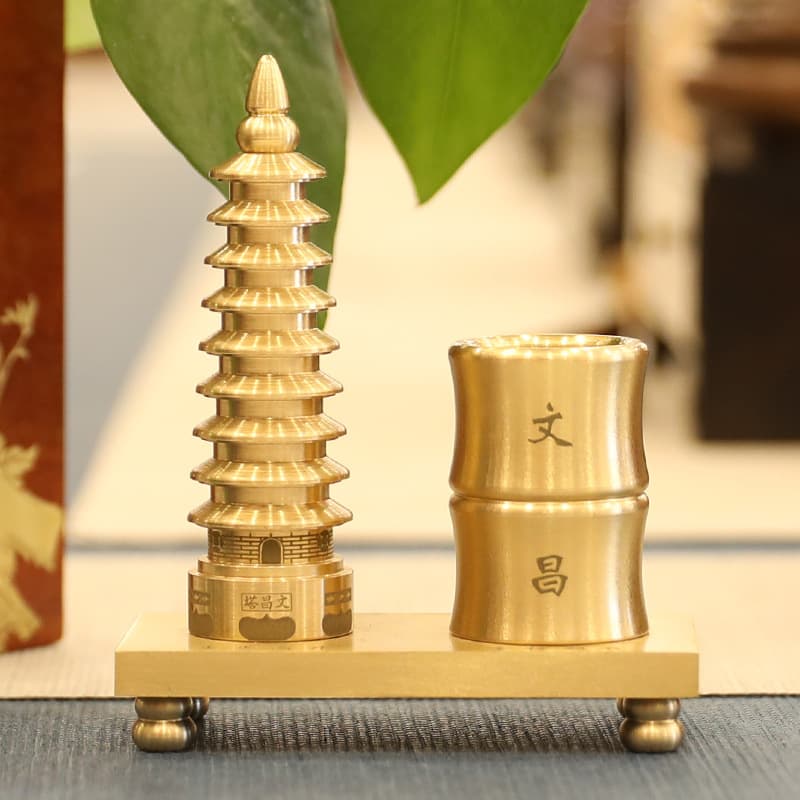 Wen Wang Feng Shui Copper Wenchang Tower Pen Holder Ornaments Home Feng Shui Ornaments Office Peach Wood Wenchang Pen Holder Ornaments Gifts