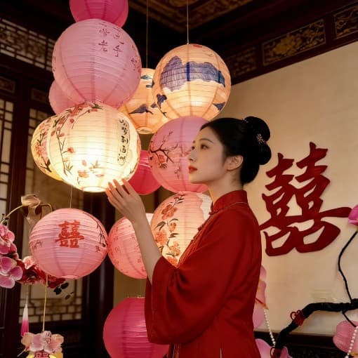 Double Happiness Lanterns for Weddings, Special Wedding Room Decorations, Festive Lantern Props, New House Bedroom Wedding Rural Hanging Ornaments and Decorations