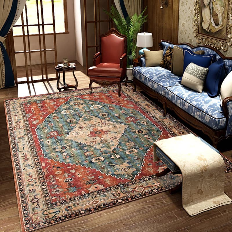 Cross-border Amazon Persian Style Vintage Living Room Rug, Faux Cashmere, Foldable, Washable Backing, Ethnic Rug