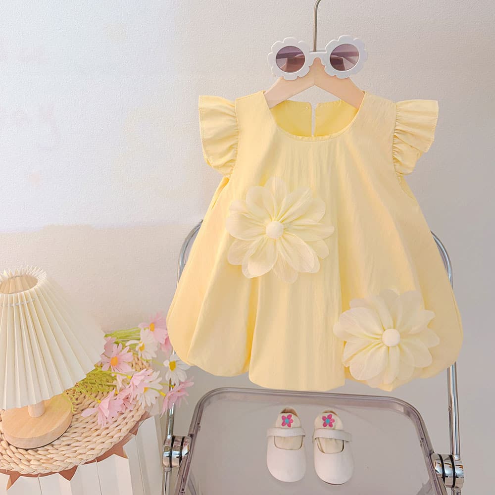 Live Stream Supply Girls Summer Flutter Sleeve Dress Kids Sweet Floral Princess Dress 2026 New Style Wholesale for Export