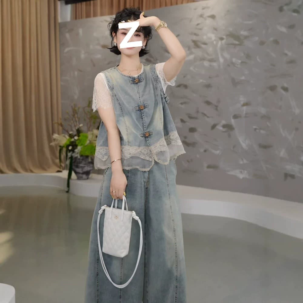 Summer New Lace Splicing Denim Vest + Wide-Leg Pants Set for Women, Fashionable and Versatile, Age-Reducing and Slimming Two-Piece Set