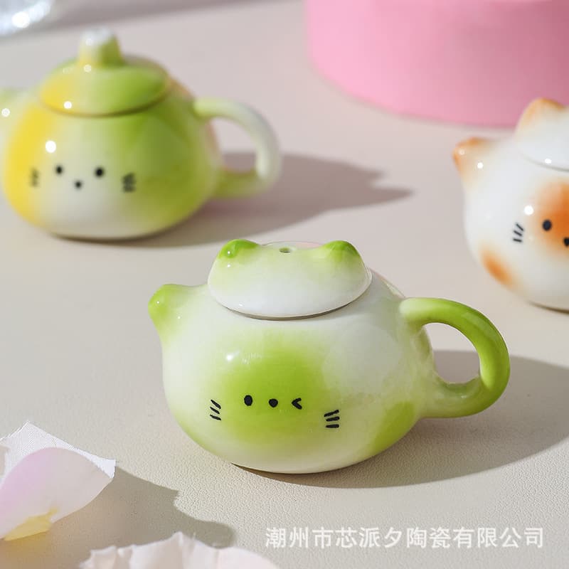 Mini Tea Set for Kids, Cat Ear Teapot, Pretend Play Simulation Tea Set, Drinkable Ceramic Tea Set