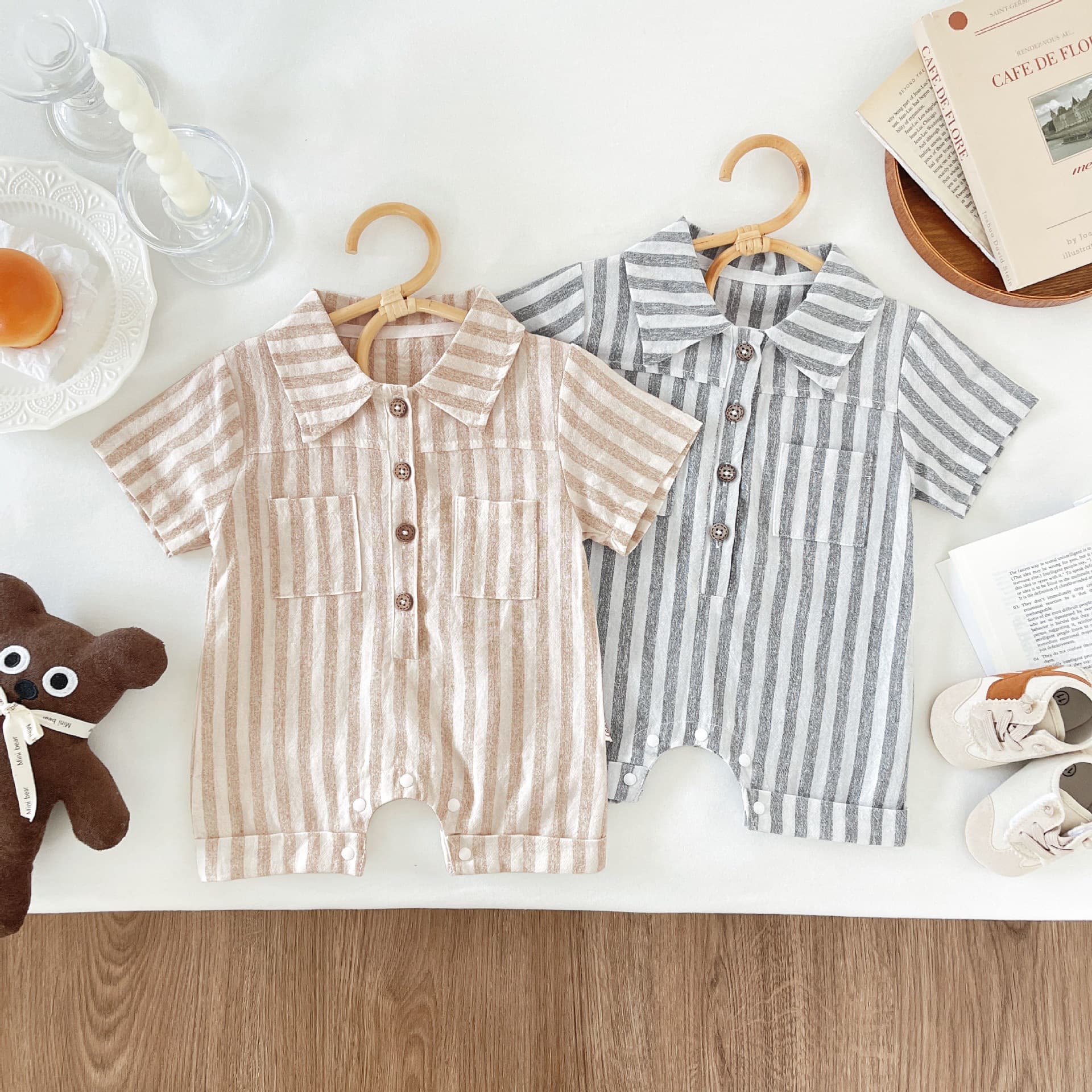 Korean-style baby boy summer striped lapel romper, stylish casual outdoor jumpsuit