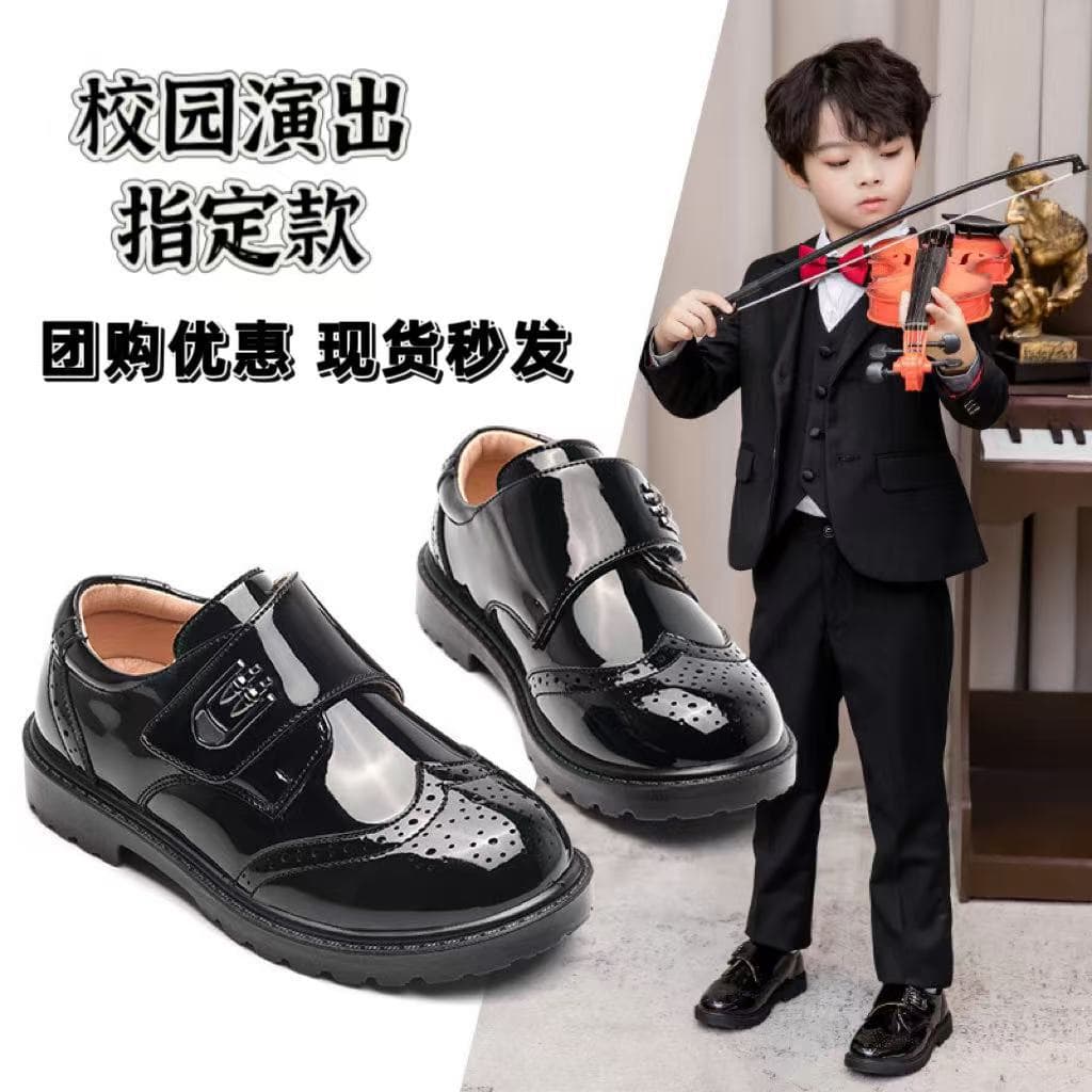 Boys Black Leather Shoes Campus Performance Shoes Children Soft Sole British Style Performance Shoes Host Student Single Shoes