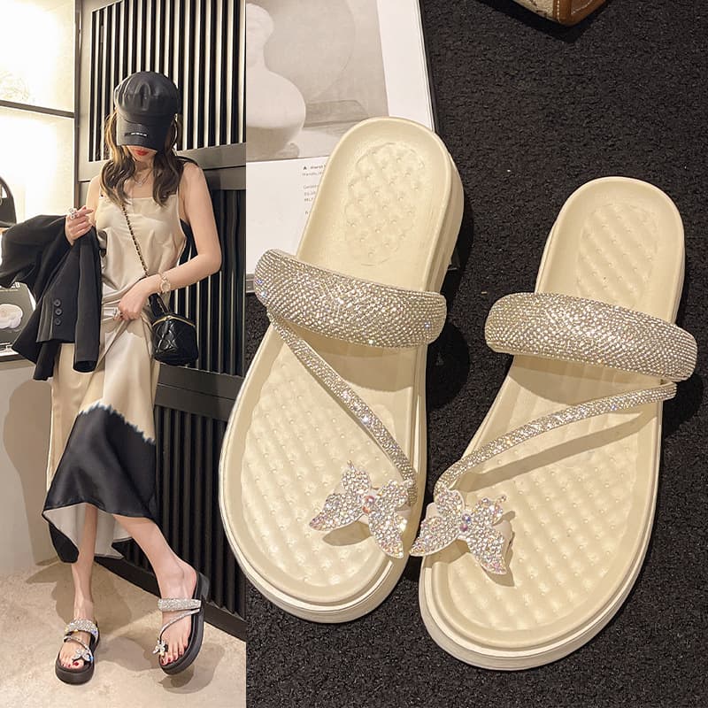 Thick Sole Sandals for Women 2025 New Summer Outdoor Butterfly Rhinestone Toe Separator Sandals Fashion Versatile Beach Shoes